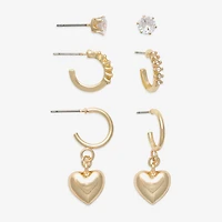 Mixit Gold Tone Stud & Hoop Womens Cubic Zirconia Heart Hypoallergenic 3 Pair Earring Set
