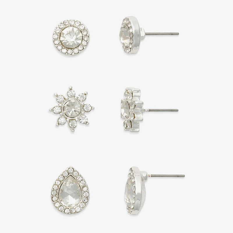 Mixit Silver Tone Stud Womens Cubic Zirconia Hypoallergenic 3 Pair Earring Set