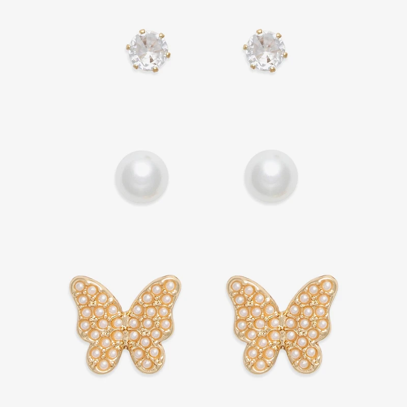 Mixit Gold Tone Stud Womens Cubic Zirconia Simulated Pearl Butterfly Hypoallergenic 3 Pair Earring Set
