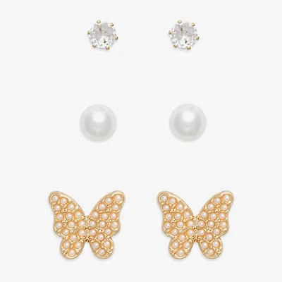 Mixit Gold Tone Stud Womens Cubic Zirconia Simulated Pearl Butterfly Hypoallergenic 3 Pair Earring Set