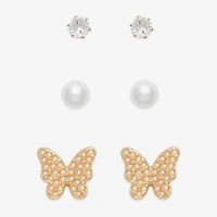 Mixit Gold Tone Stud Womens Cubic Zirconia Simulated Pearl Butterfly Hypoallergenic 3 Pair Earring Set