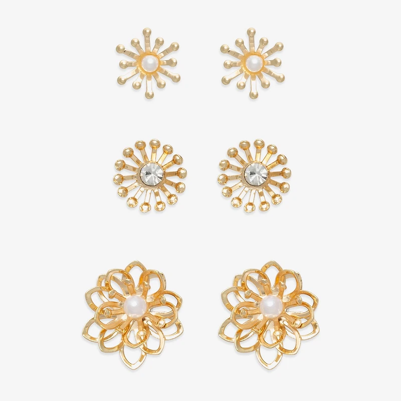 Mixit Gold Tone Stud Womens Glass Flower Hypoallergenic 3 Pair Earring Set