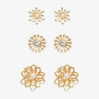 Mixit Gold Tone Stud Womens Glass Flower Hypoallergenic 3 Pair Earring Set