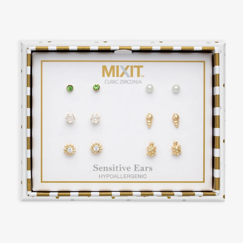 Mixit Turtle Womens Cubic Zirconia Hypoallergenic 6 Pair Earring Set