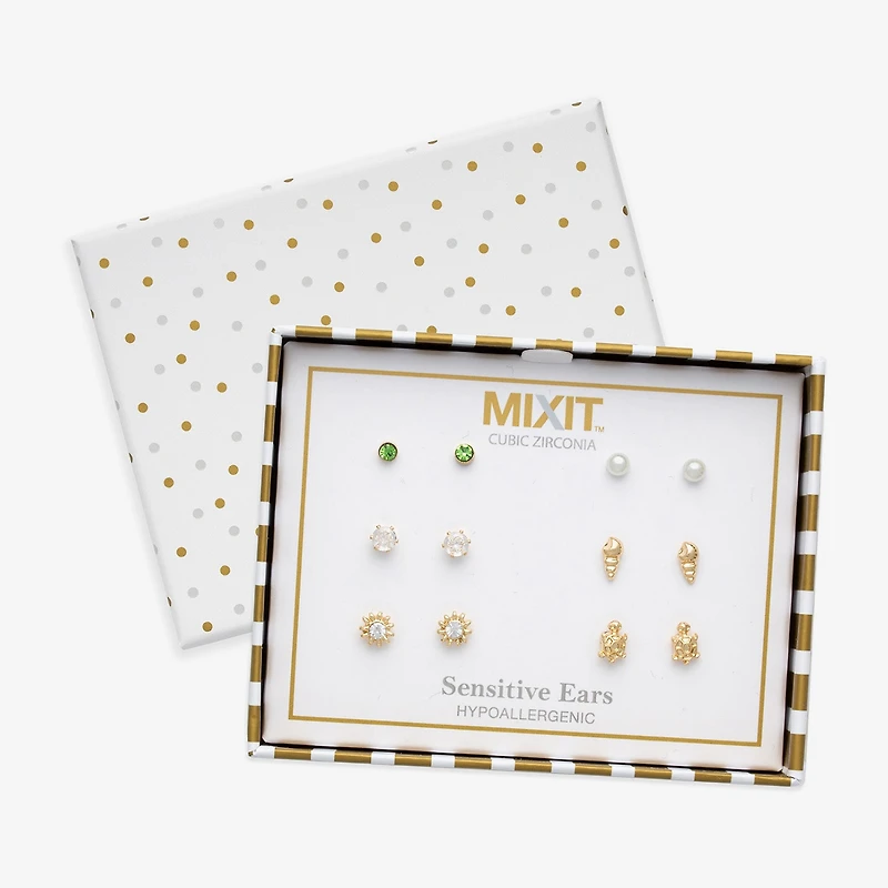 Mixit Turtle Womens Cubic Zirconia Hypoallergenic 6 Pair Earring Set