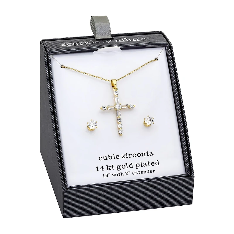 Sparkle Allure Womens Cubic Zirconia 14K Gold Over Brass Cross 2-pc. Jewelry Set