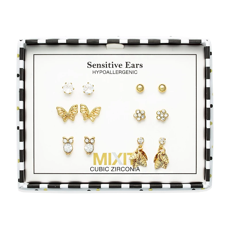 Mixit Womens Cubic Zirconia Butterfly Flower Hypoallergenic 6 Pair Earring Set