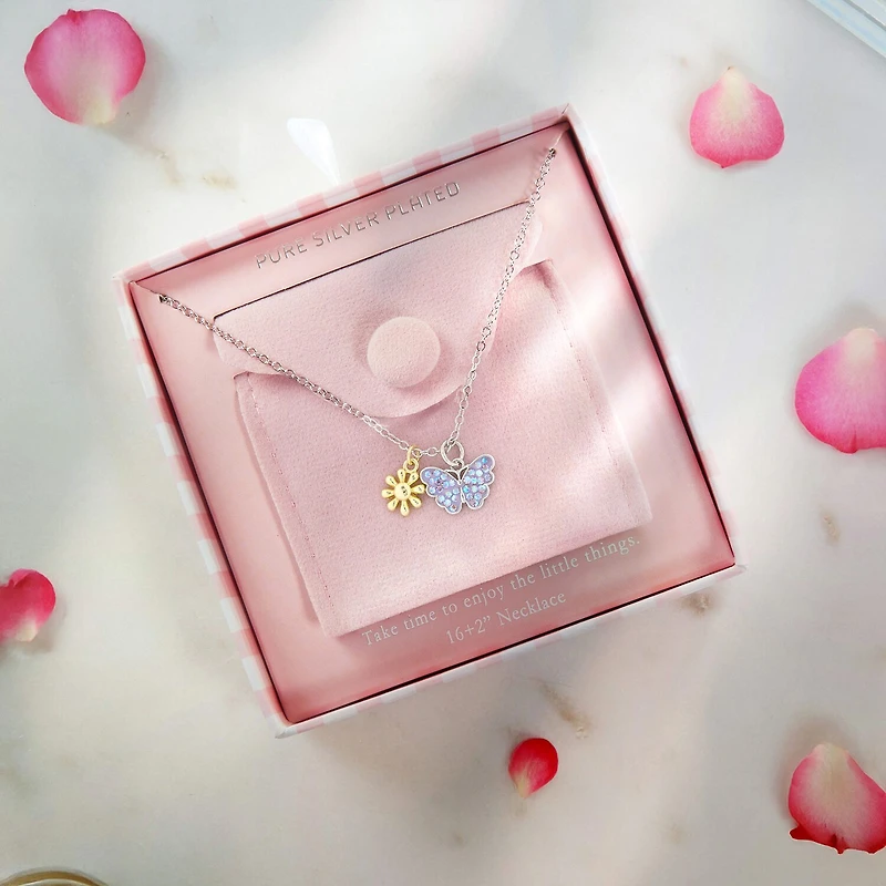 Sparkle Allure Womens Pink Crystal 14K Gold Over Brass Pure Silver Over Brass Butterfly Flower 16 Inch Pendant Necklace