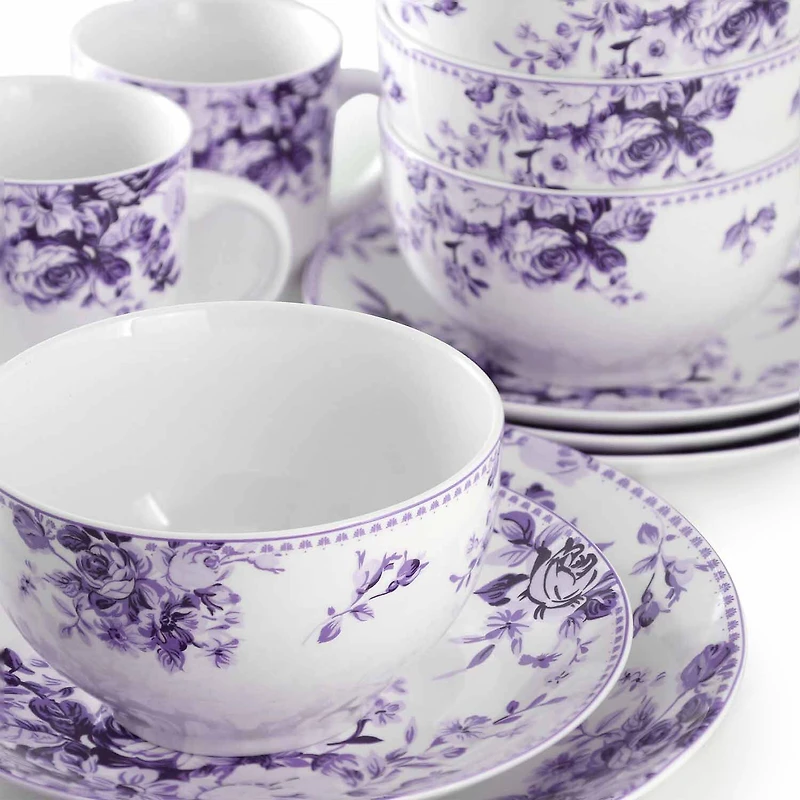 Elama Traditional Purple Rose 16-pc. Stoneware Dinnerware Set