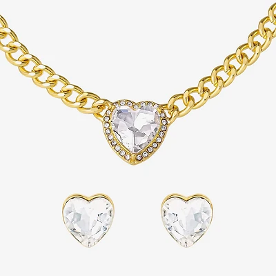 JS Jessica Simpson Gold Tone Collar Necklace  & Stud Earring Womens Glass Heart 3-pc. Jewelry Set