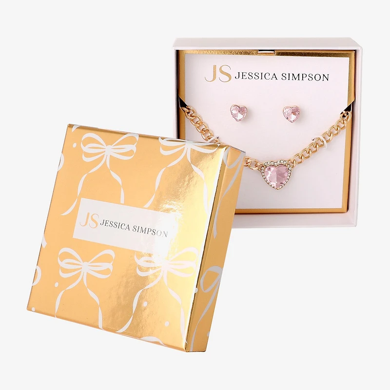 JS Jessica Simpson Gold Tone Collar Necklace & Stud Earring Womens Pink Glass Heart 3-pc. Jewelry Set