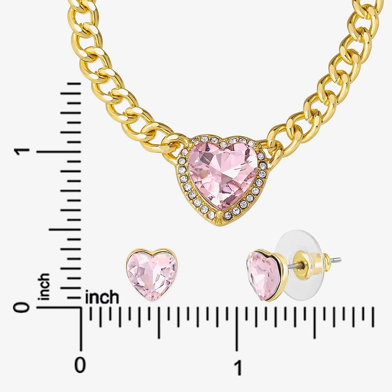 JS Jessica Simpson Gold Tone Collar Necklace & Stud Earring Womens Pink Glass Heart 3-pc. Jewelry Set