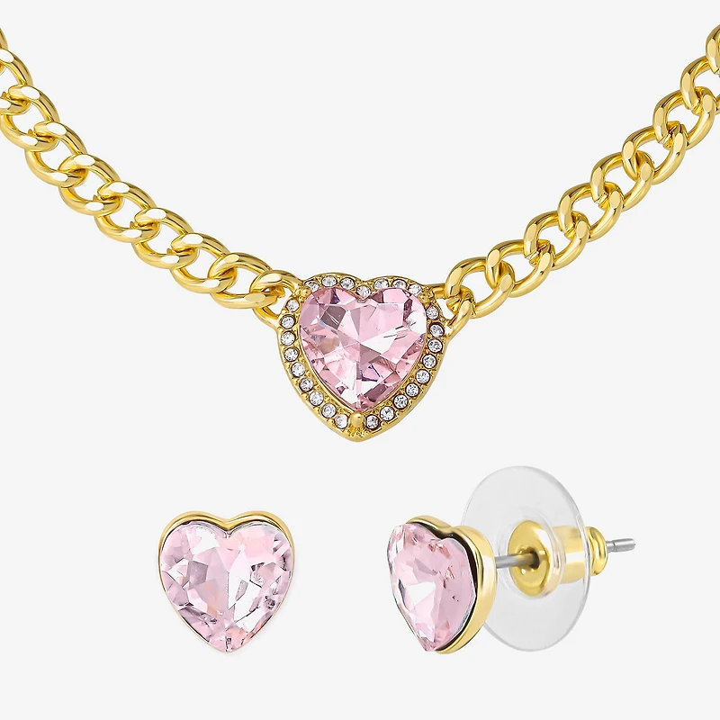 JS Jessica Simpson Gold Tone Collar Necklace & Stud Earring Womens Pink Glass Heart 3-pc. Jewelry Set