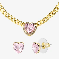 JS Jessica Simpson Gold Tone Collar Necklace  & Stud Earring Womens Pink Glass Heart 3-pc. Jewelry Set