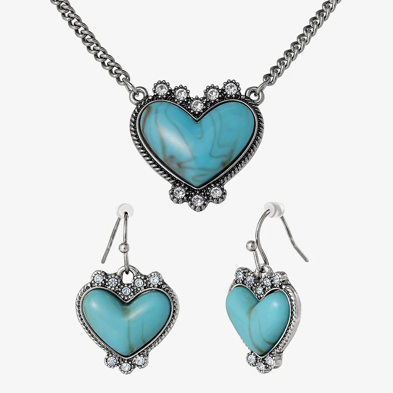 JS Jessica Simpson Silver Tone Pendant Necklace & Stud Earring Womens Multi Color Glass Heart 3-pc. Jewelry Set