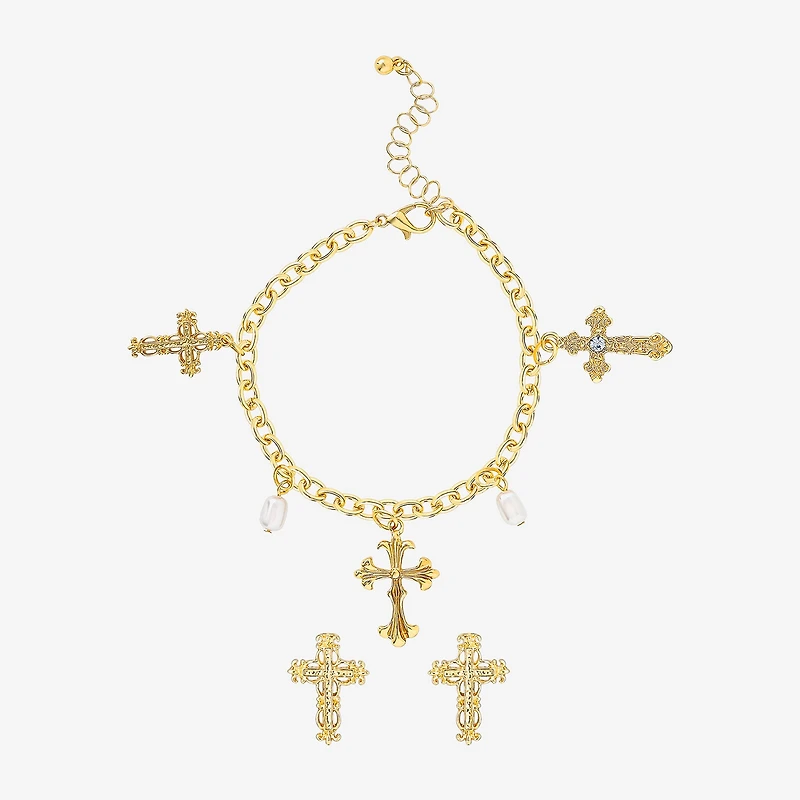 JS Jessica Simpson Gold Tone Charm Bracelet & Stud Earring Womens Multi Color Glass Simulated Pearl Cross 3-pc. Jewelry Set