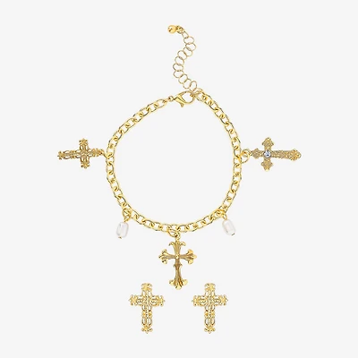 JS Jessica Simpson Gold Tone Charm Bracelet & Stud Earring Womens Multi Color Glass Simulated Pearl Cross 3-pc. Jewelry Set