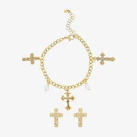 JS Jessica Simpson Gold Tone Charm Bracelet & Stud Earring Womens Multi Color Glass Simulated Pearl Cross 3-pc. Jewelry Set