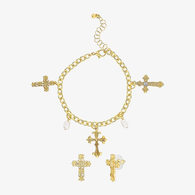 JS Jessica Simpson Gold Tone Charm Bracelet & Stud Earring Womens Multi Color Glass Simulated Pearl Cross 3-pc. Jewelry Set