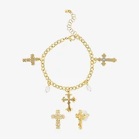 JS Jessica Simpson Gold Tone Charm Bracelet & Stud Earring Womens Multi Color Glass Simulated Pearl Cross 3-pc. Jewelry Set
