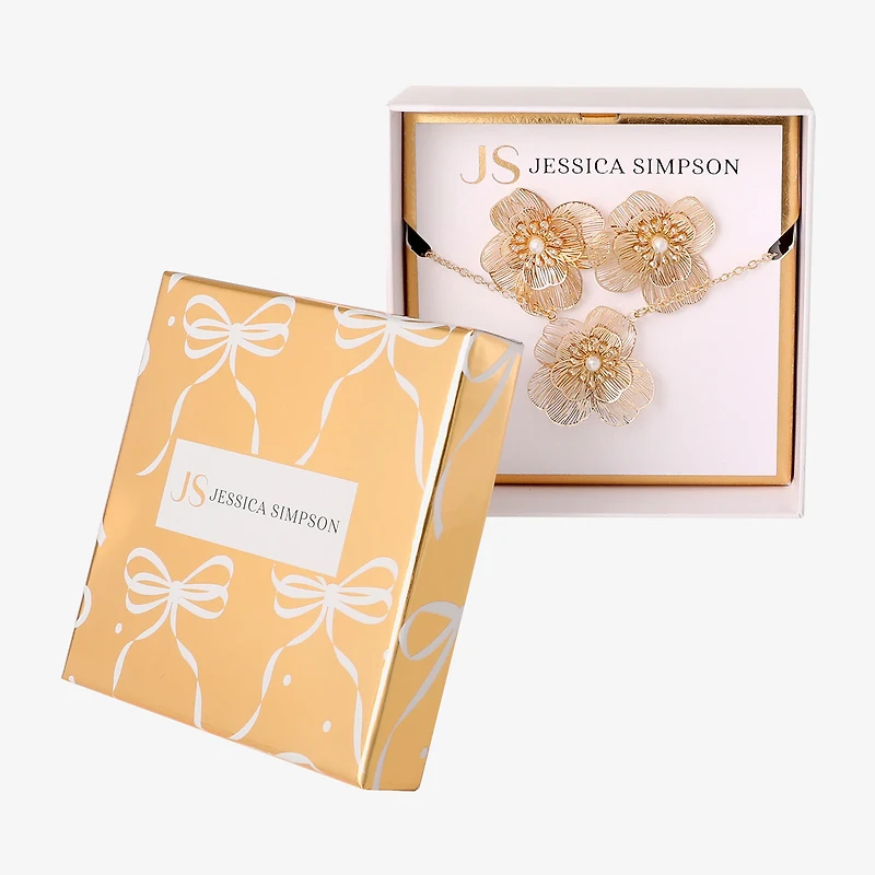 JS Jessica Simpson Gold Tone Pendant Necklace & Stud Earring Womens White Simulated Pearl Flower 3-pc. Jewelry Set
