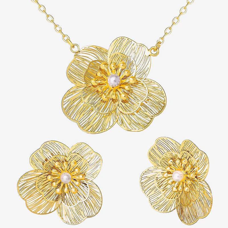 JS Jessica Simpson Gold Tone Pendant Necklace & Stud Earring Womens White Simulated Pearl Flower 3-pc. Jewelry Set