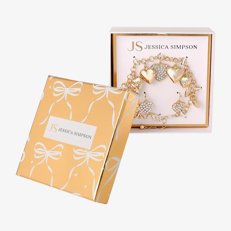 JS Jessica Simpson Gold Tone Charm Bracelet & Drop Earring Womens Crystal Heart 3-pc. Jewelry Set