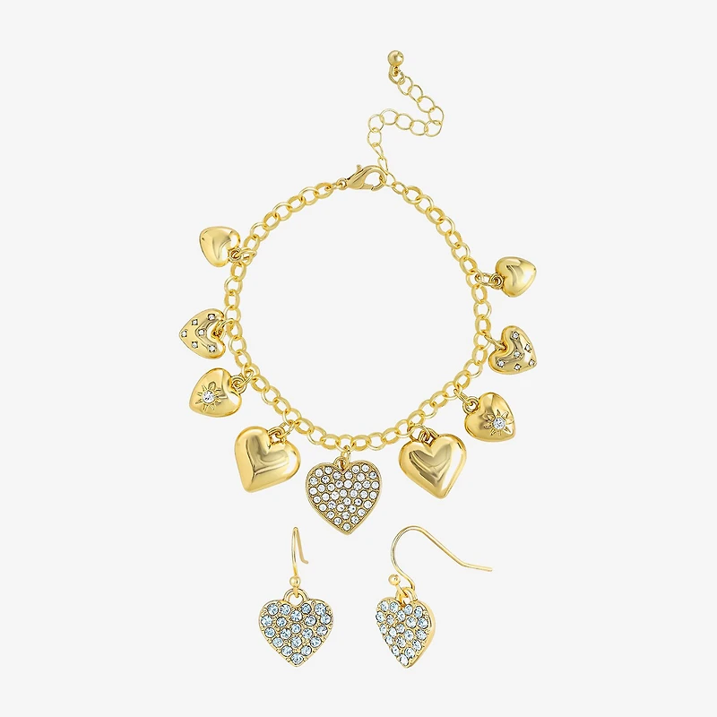 JS Jessica Simpson Gold Tone Charm Bracelet & Drop Earring Womens Crystal Heart 3-pc. Jewelry Set