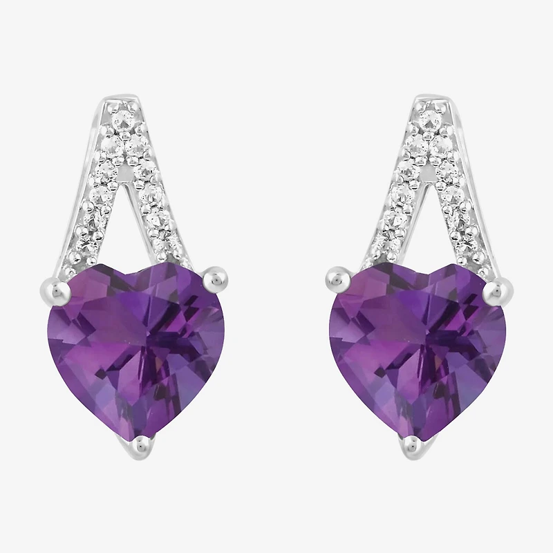 Womens Lab Created Purple Amethyst Sterling Silver Heart Drop Earrings