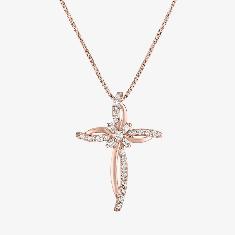 Womens 1/10 CT. T.W. Natural White Diamond 14K Rose Gold Over Silver Cross 18 Inch Pendant Necklace