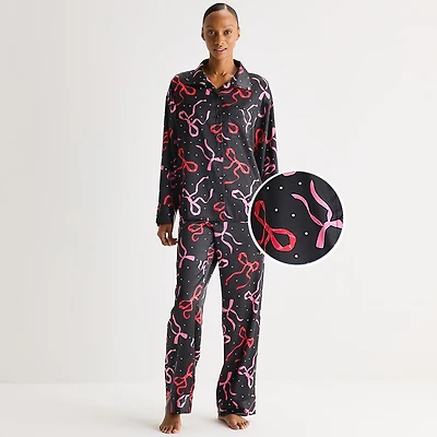 Ambrielle Womens Satin Long Sleeve 2-pc. Pajama Set