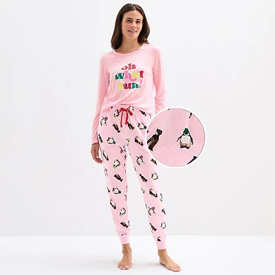Sleep Chic Womens Crew Neck Long Sleeve 2-pc. Pajama Set