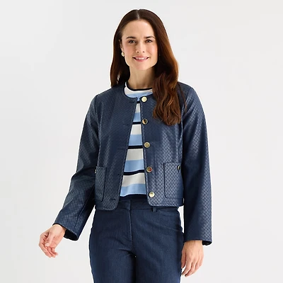 Liz Claiborne Womens Faux Leather Lightweight Cropped Jacket