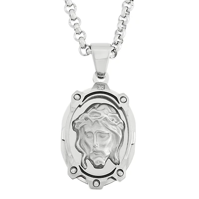 Diamond-Accent Jesus Stainless Steel Medal Pendant Necklace