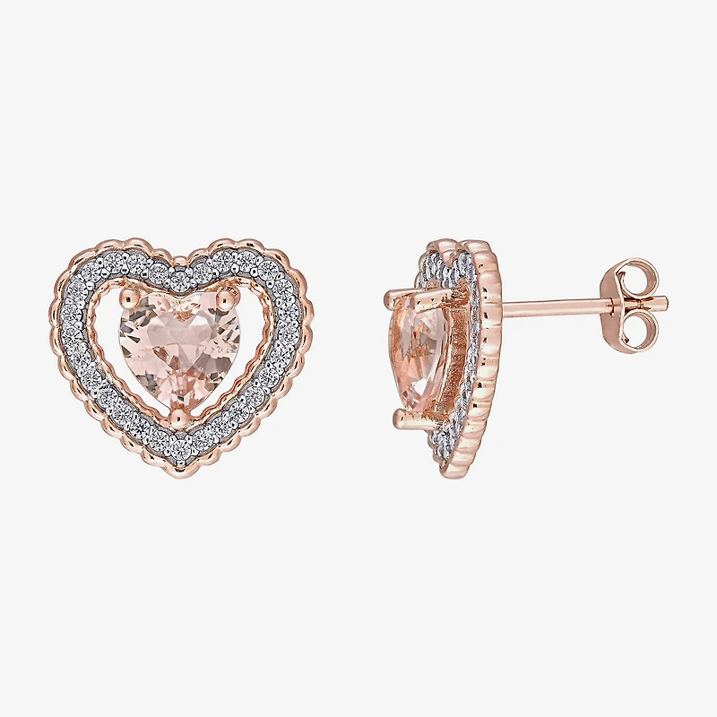 Simulated Pink Morganite 18K Rose Gold Over Silver 13mm Heart Stud Earrings