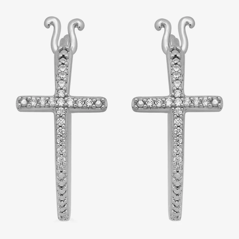 Womens 1/10 CT. T.W. Natural White Diamond Sterling Silver 17mm Cross Hoop Earrings