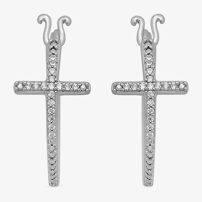 Womens 1/10 CT. T.W. Natural White Diamond Sterling Silver 17mm Cross Hoop Earrings