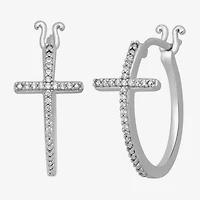 Womens 1/10 CT. T.W. Natural White Diamond Sterling Silver 17mm Cross Hoop Earrings
