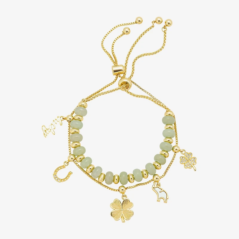 Footnotes Lucky Elephant Horseshoe Charm Womens Green Jade Box 10K Gold Over Brass Clover Bangle Bracelet