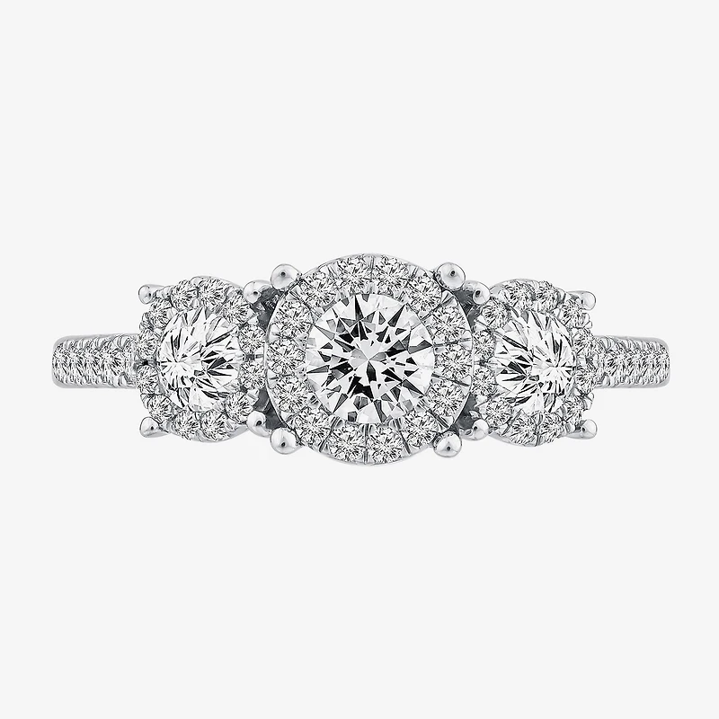 (I / I1) Womens 1 CT. T.W. Lab Grown White Diamond 10K White Gold Round Side Stone 3-Stone Engagement Ring