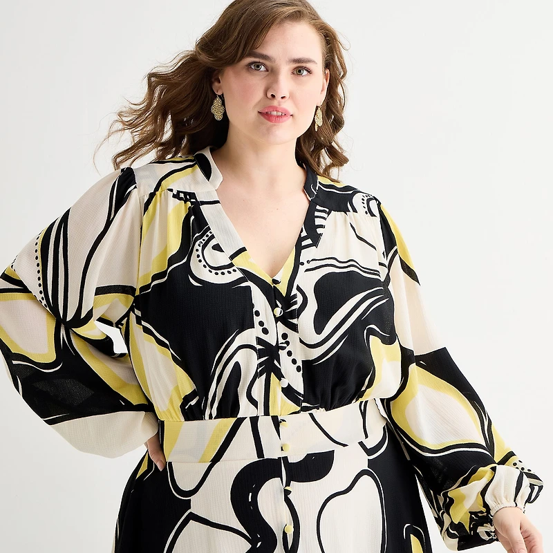 Premier Amour Womens Plus V Neck Long Sleeve Puffed Maxi Dress