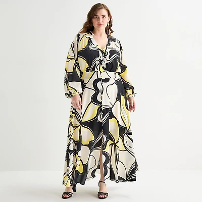 Premier Amour Womens Plus V Neck Long Sleeve Puffed Maxi Dress