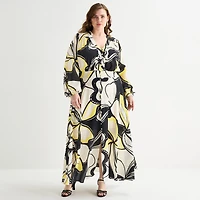 Premier Amour Womens Plus V Neck Long Sleeve Puffed Maxi Dress