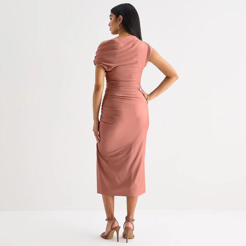 Premier Amour One Shoulder Womens Midi Asymmetrical Neck Short Sleeve Sheath Dress