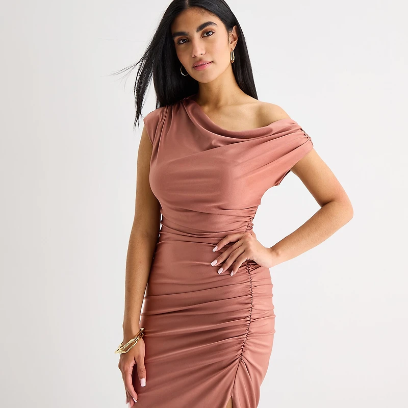 Premier Amour One Shoulder Womens Midi Asymmetrical Neck Short Sleeve Sheath Dress