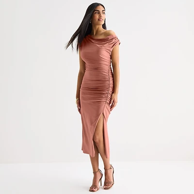 Premier Amour One Shoulder Womens Midi Asymmetrical Neck Short Sleeve Sheath Dress