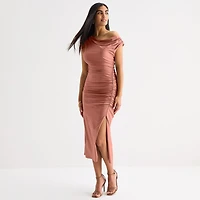 Premier Amour One Shoulder Womens Midi Asymmetrical Neck Short Sleeve Sheath Dress
