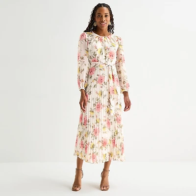 Studio 1 Womens Round Neck Long Sleeve Smocked Maxi Dress