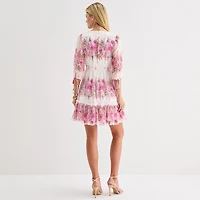 Melonie T Womens V Neck 3/4 Sleeve Floral Fit + Flare Dress