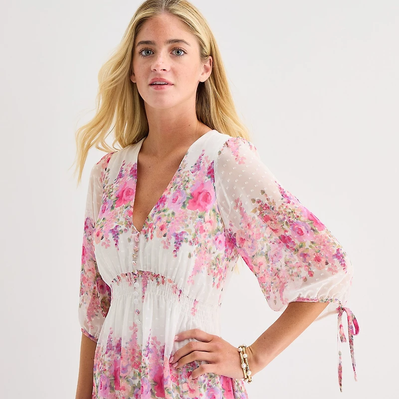 Melonie T Womens V Neck 3/4 Sleeve Floral Fit + Flare Dress